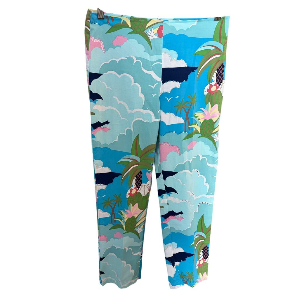 Haven Bleu Tropical Beach Print‎ Pants size 8 Sequin Rhinestone Coastal Resort